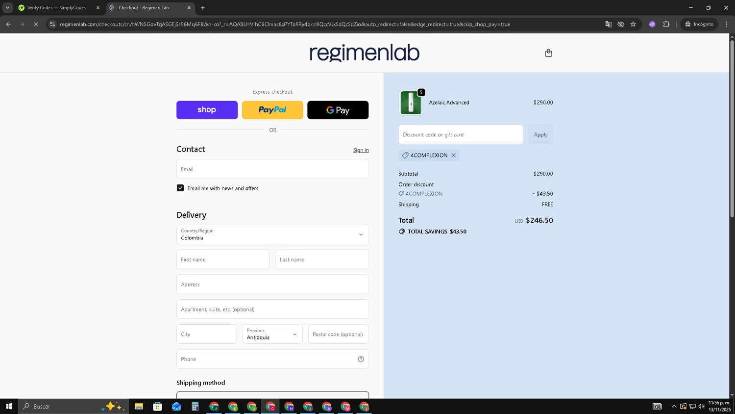 Regimen Lab promo code screenshot showing code 4COMPLEXION applied at Regimen Lab checkout page. Uploaded by SimplyCodes community member TOROREX250 on Nov 14, 2025