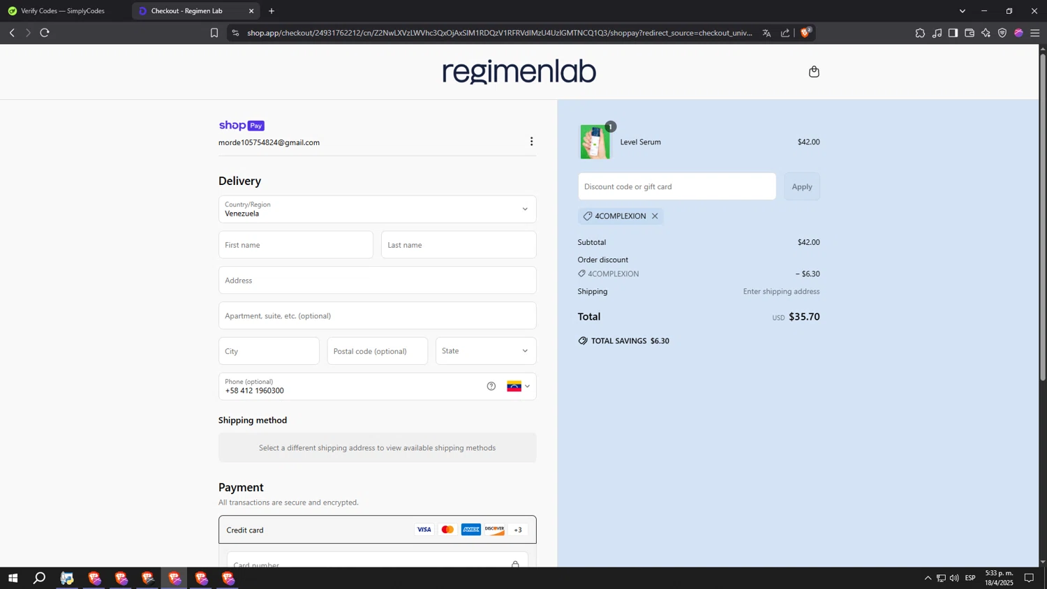 Regimen Lab promo code screenshot showing code 4COMPLEXION applied at Regimen Lab checkout page. Uploaded by SimplyCodes community member gggggggggggggggggggggg on Apr 18, 2025