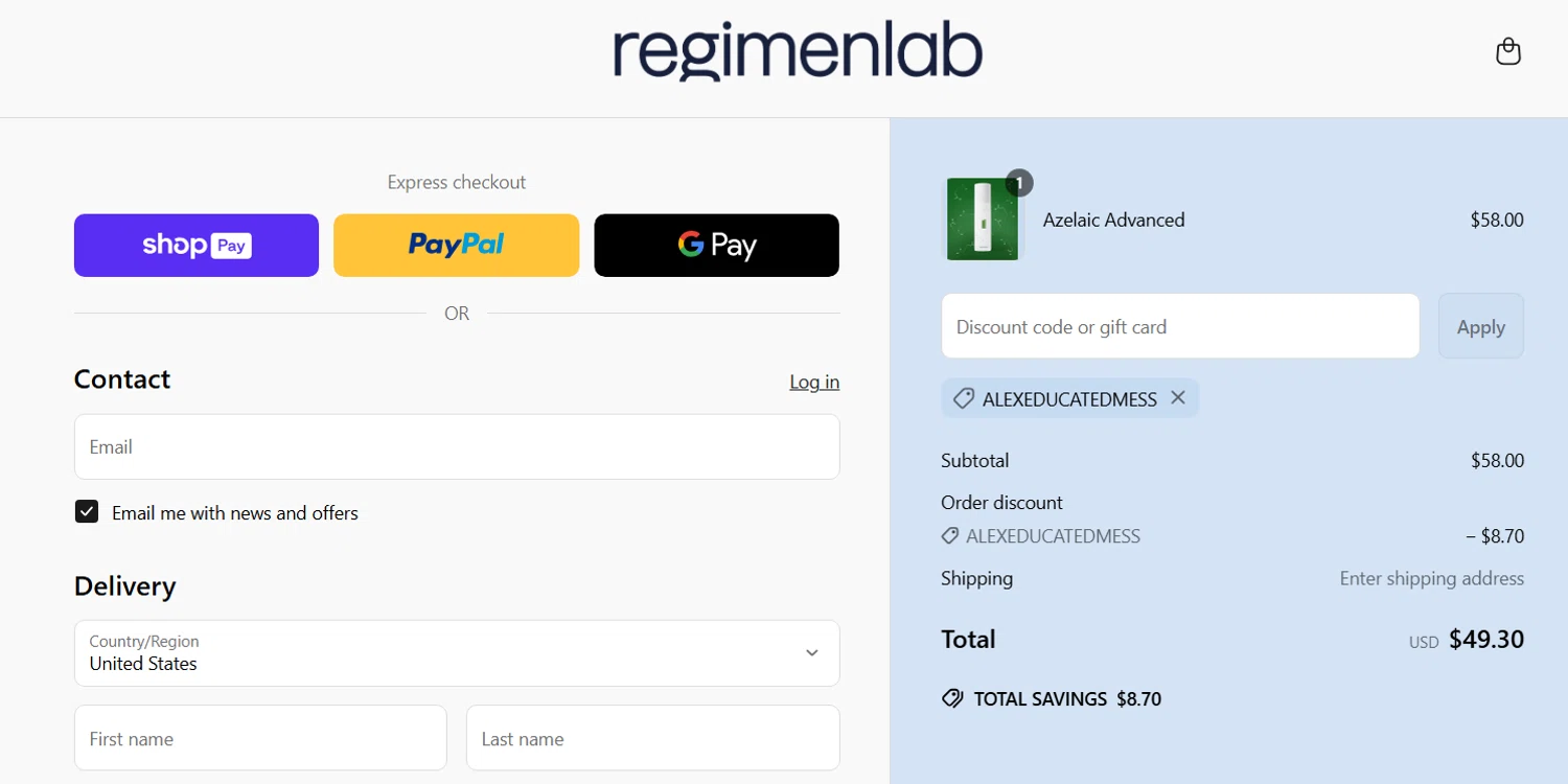 Regimen Lab promo code screenshot showing code ALEXEDUCATEDMESS applied at Regimen Lab checkout page. Uploaded by SimplyCodes community member Draken on Apr 25, 2025