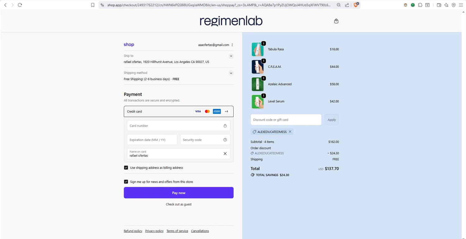 Regimen Lab promo code screenshot showing code ALEXEDUCATEDMESS applied at Regimen Lab checkout page. Uploaded by SimplyCodes community member dayselis15 on Dec 23, 2025