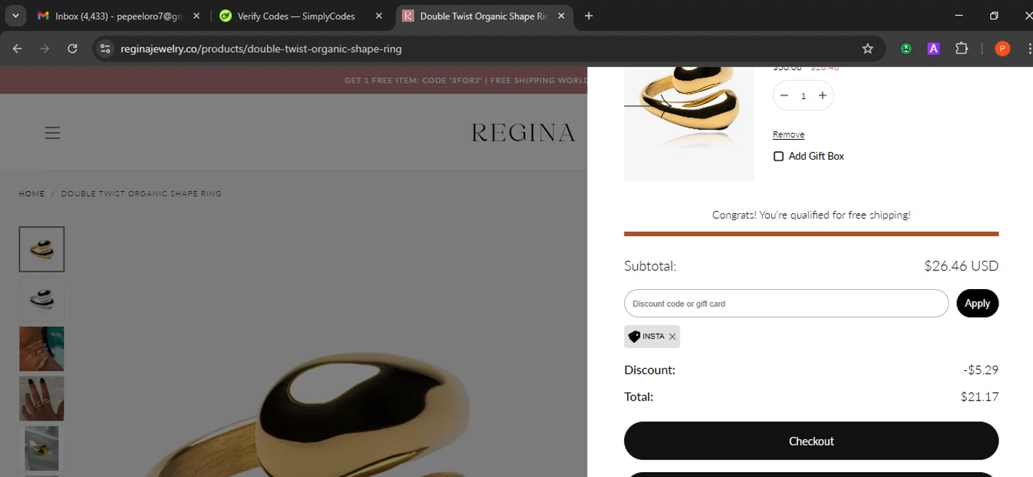 Regina Jewelry discount code screenshot showing code Insta applied at Regina Jewelry checkout page. Uploaded by SimplyCodes community member Eminem on Jan 23, 2026