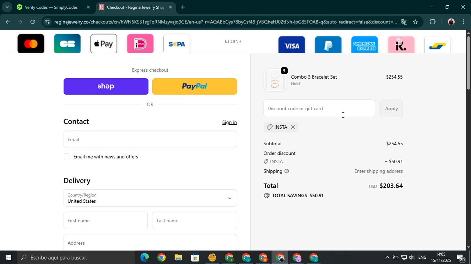 Regina Jewelry discount code screenshot showing code Insta applied at Regina Jewelry checkout page. Uploaded by SimplyCodes community member youngonzalo on Nov 15, 2025