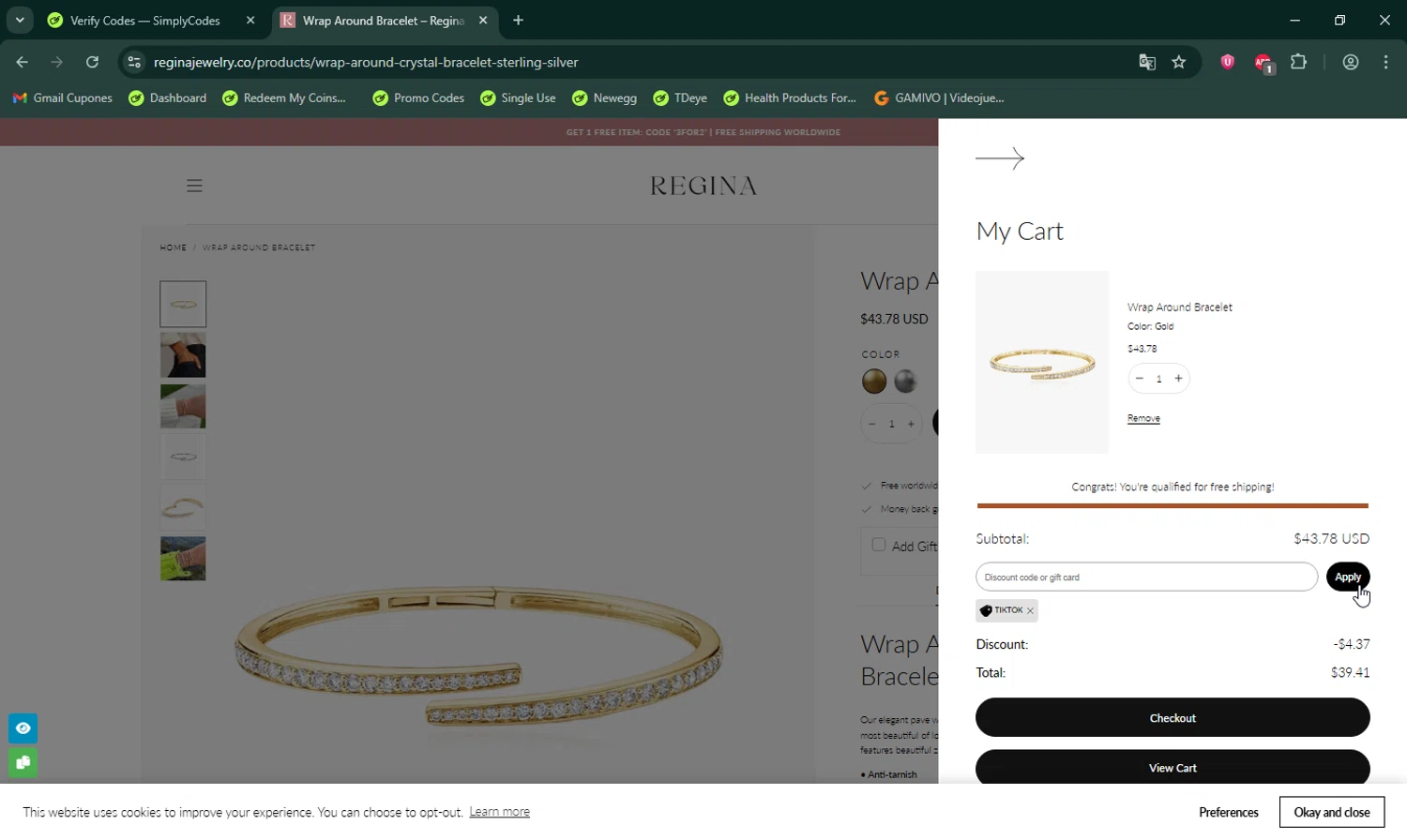 Regina Jewelry discount code screenshot showing code Tiktok applied at Regina Jewelry checkout page. Uploaded by SimplyCodes community member LHaunter on Oct 24, 2025