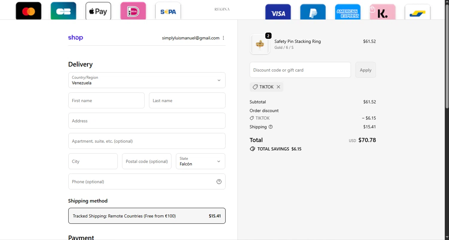 Regina Jewelry discount code screenshot showing code Tiktok applied at Regina Jewelry checkout page. Uploaded by SimplyCodes community member MagnificentTiger8908 on Nov 15, 2025