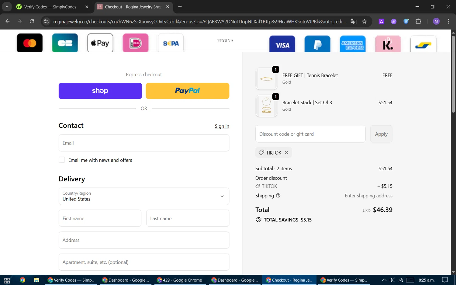 Regina Jewelry discount code screenshot showing code Tiktok applied at Regina Jewelry checkout page. Uploaded by SimplyCodes community member VoucherScout6115 on Dec 29, 2025