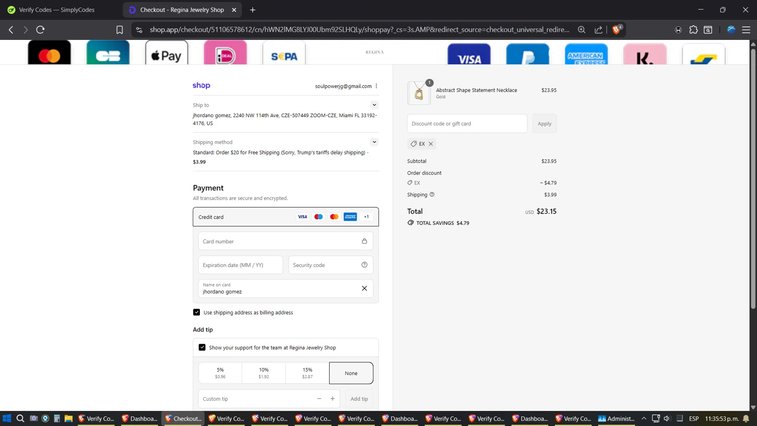Regina Jewelry discount code screenshot showing code ex applied at Regina Jewelry checkout page. Uploaded by SimplyCodes community member Jgomez on Sep 9, 2025