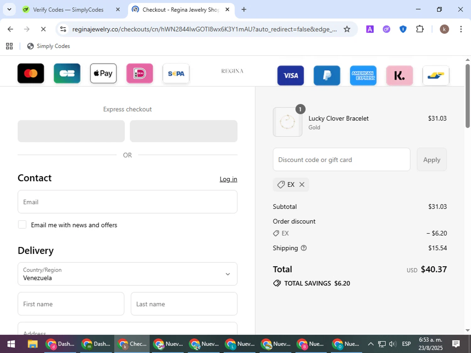 Regina Jewelry discount code screenshot showing code ex applied at Regina Jewelry checkout page. Uploaded by SimplyCodes community member RewardRanger298 on Aug 23, 2025