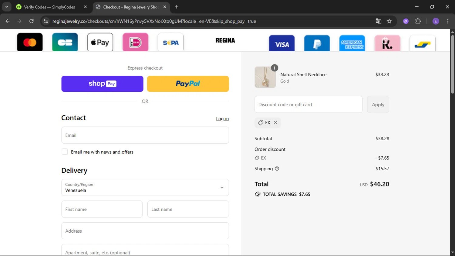 Regina Jewelry discount code screenshot showing code ex applied at Regina Jewelry checkout page. Uploaded by SimplyCodes community member satoru on Jul 27, 2025