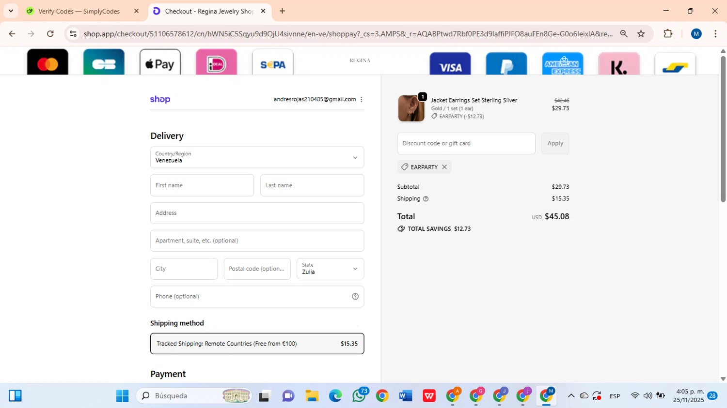 Regina Jewelry discount code screenshot showing code EARPARTY applied at Regina Jewelry checkout page. Uploaded by SimplyCodes community member BrilliantLion8135 on Nov 25, 2025