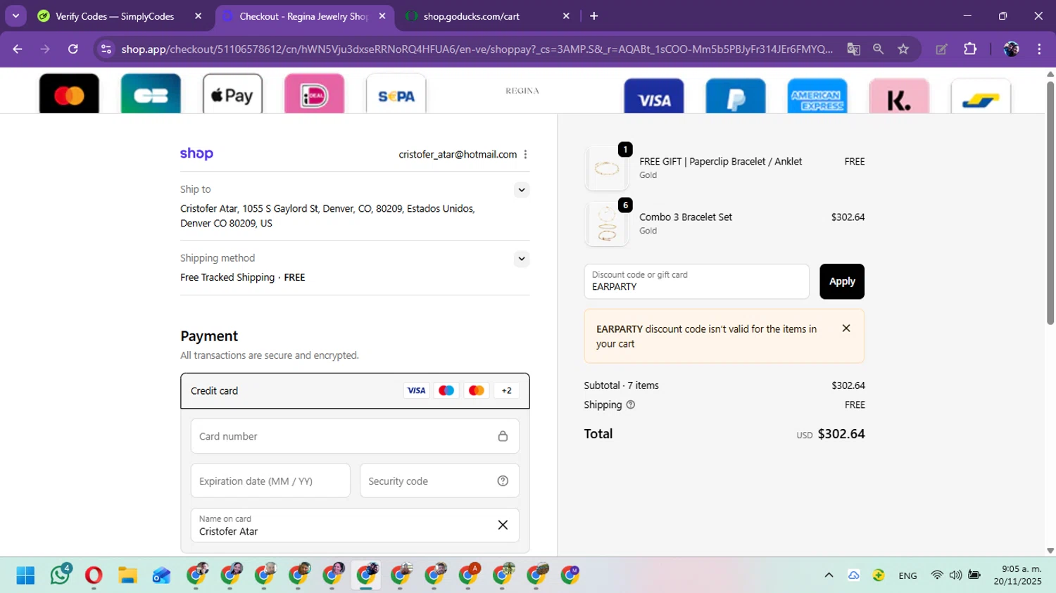 Regina Jewelry discount code screenshot showing code EARPARTY applied at Regina Jewelry checkout page. Uploaded by SimplyCodes community member Marielis on Nov 20, 2025