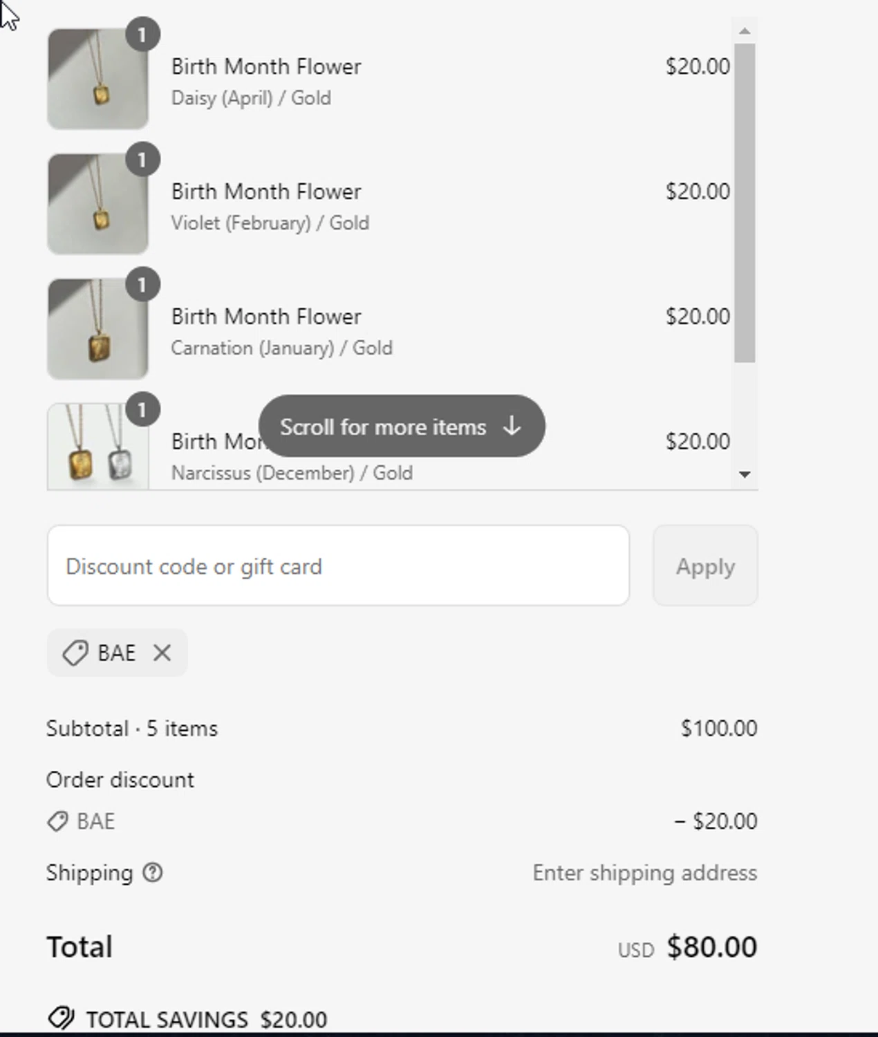 Regina Jewelry discount code screenshot showing code BAE applied at Regina Jewelry checkout page. Uploaded by SimplyCodes community member George09 on Mar 17, 2025