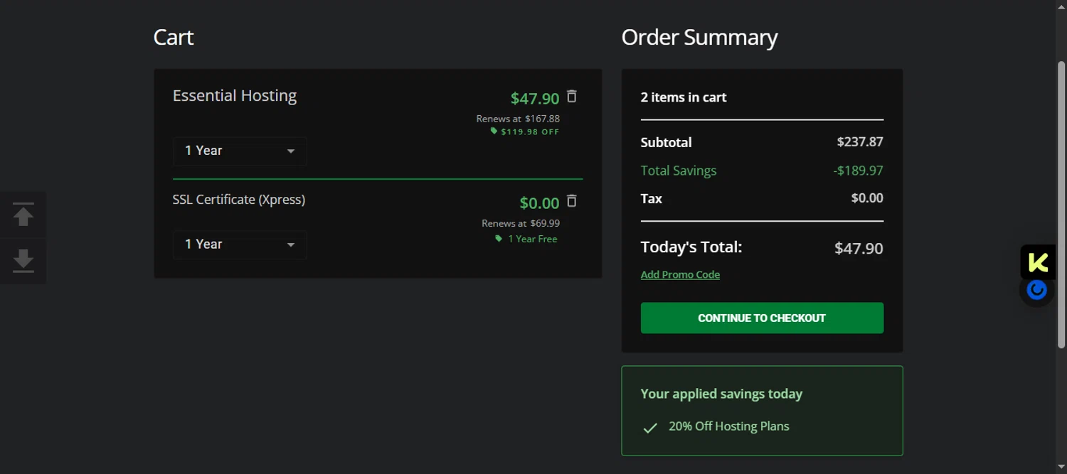 Register.com promo code screenshot showing code HOSTING20 applied at Register.com checkout page. Uploaded by SimplyCodes community member 111111 on Oct 18, 2025