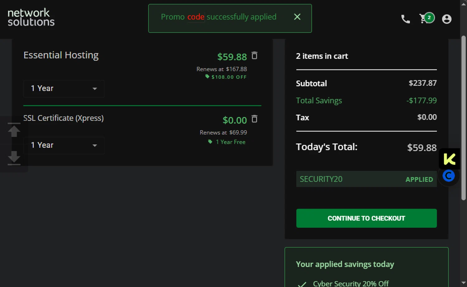 Register.com promo code screenshot showing code SECURITY20 applied at Register.com checkout page. Uploaded by SimplyCodes community member 111111 on Oct 18, 2025