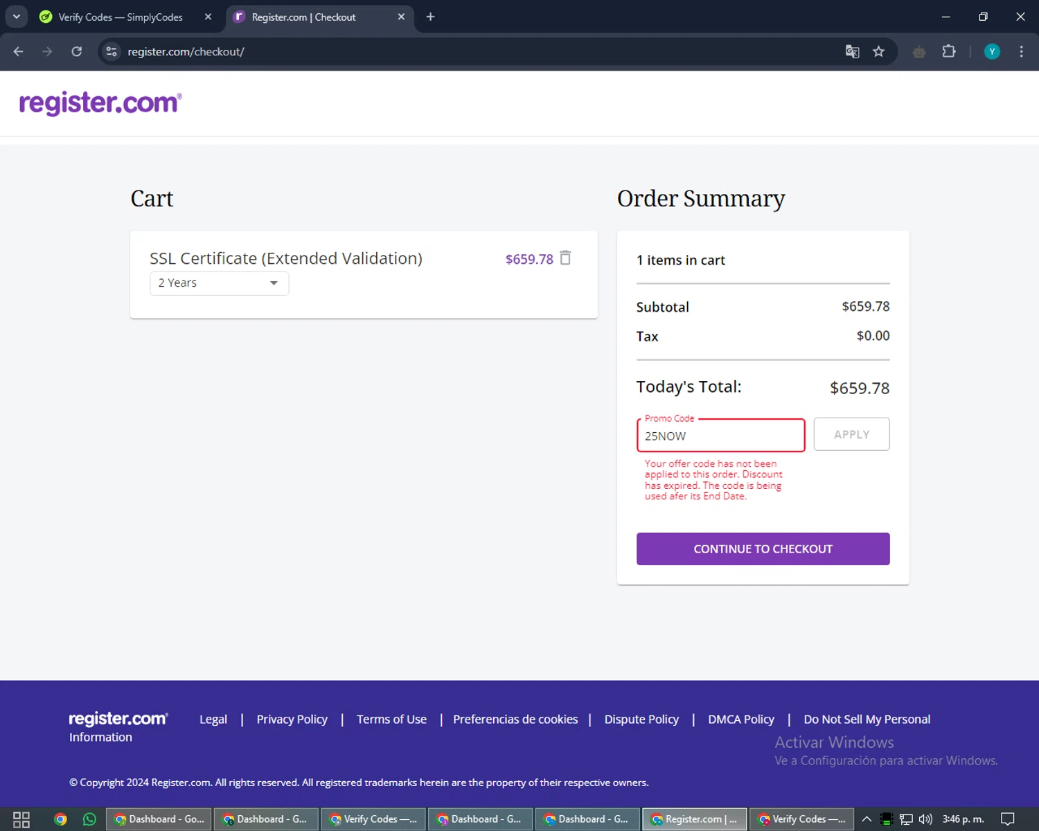 Register.com checkout page showing Register.com promo code box | Screenshot taken by SimplyCodes community member on Sep 29, 2024