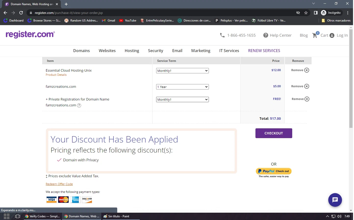 Register.com checkout page showing Register.com promo code box | Screenshot taken by SimplyCodes community member on Sep 26, 2022