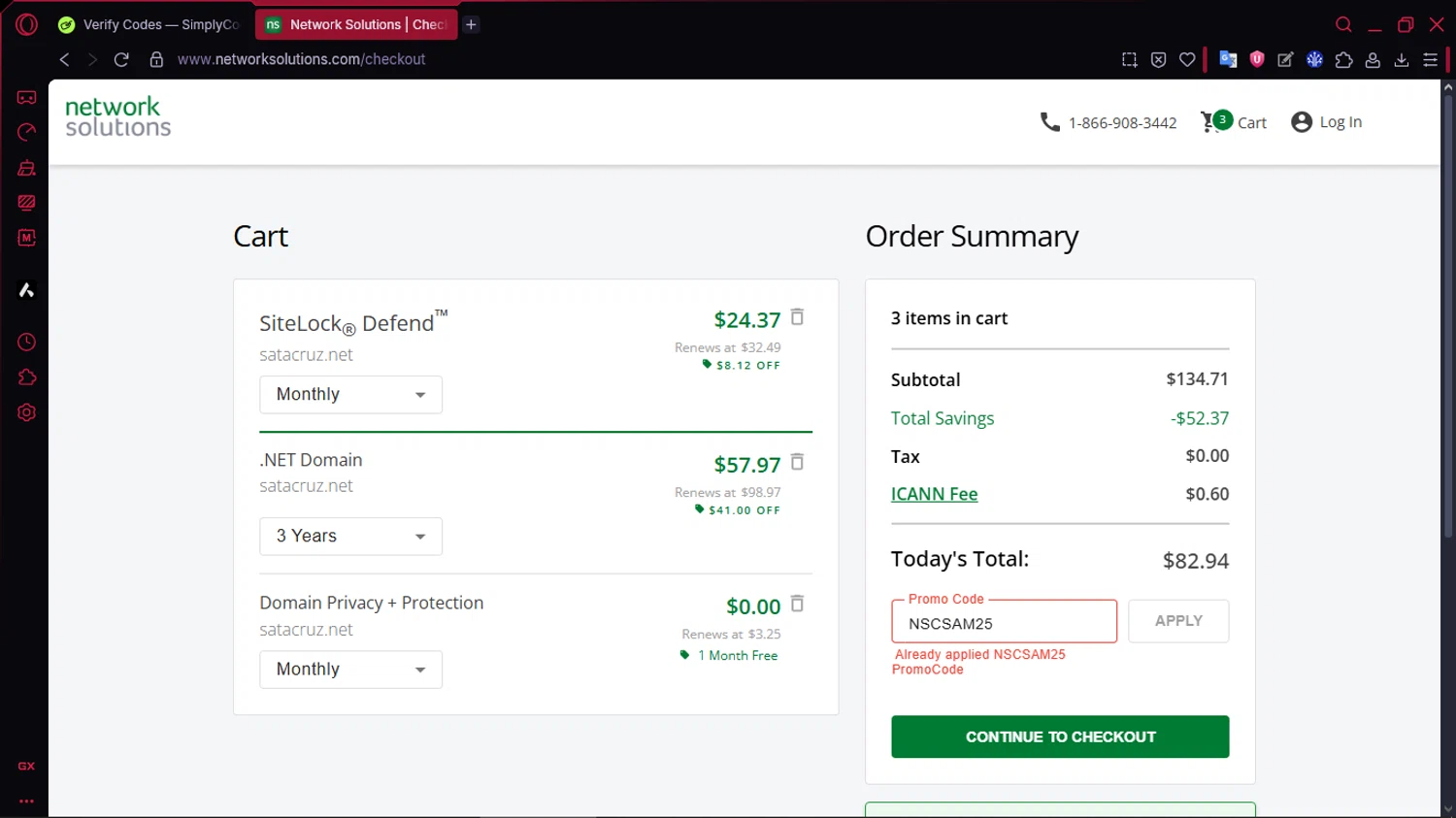 Register.com promo code screenshot showing code NSCSAM25 applied at Register.com checkout page. Uploaded by SimplyCodes community member TOLUENO on Oct 18, 2025