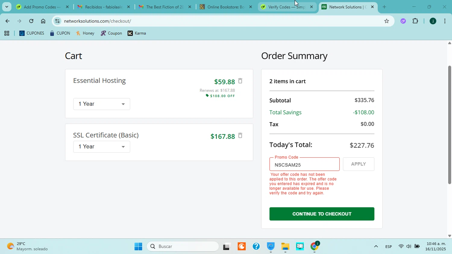 Register.com promo code screenshot showing code NSCSAM25 applied at Register.com checkout page. Uploaded by SimplyCodes community member jorgejavierherrera on Nov 16, 2025