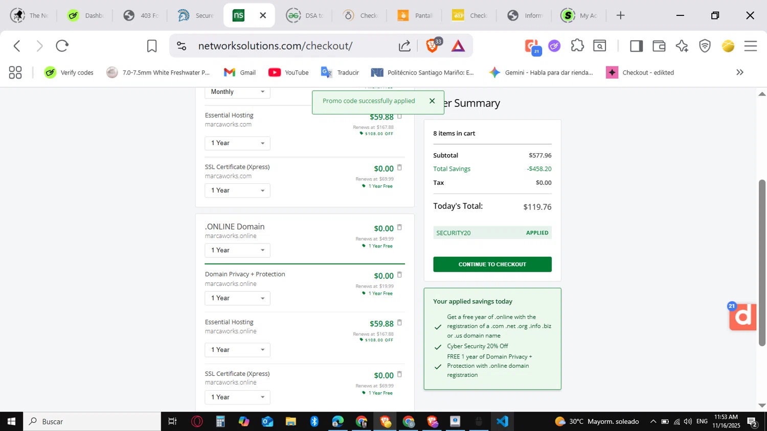 Register.com promo code screenshot showing code SECURITY20 applied at Register.com checkout page. Uploaded by SimplyCodes community member KataldoMustafack on Nov 16, 2025
