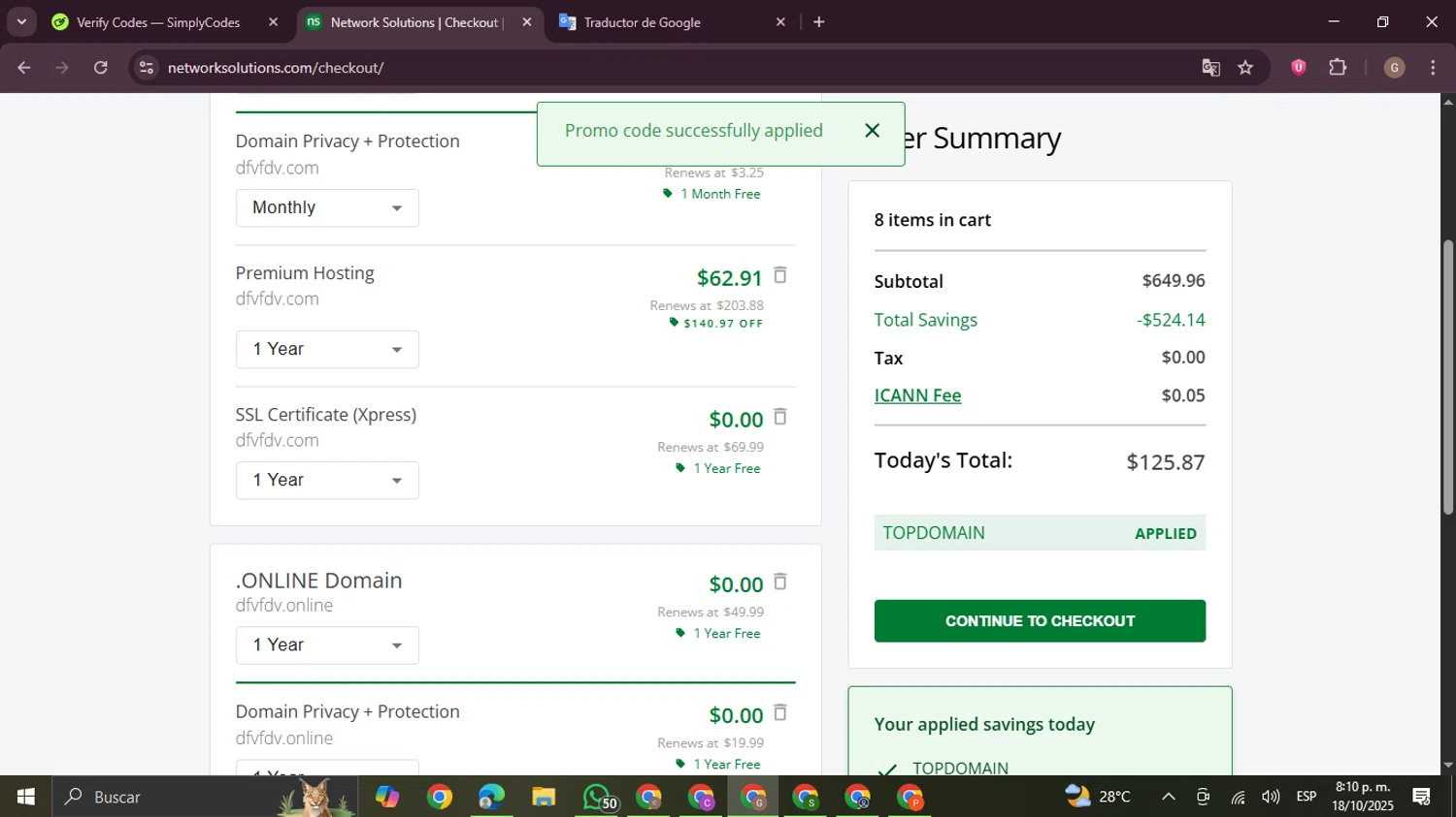 Register.com promo code screenshot showing code TOPDOMAIN applied at Register.com checkout page. Uploaded by SimplyCodes community member BrilliantTracker4207 on Oct 19, 2025