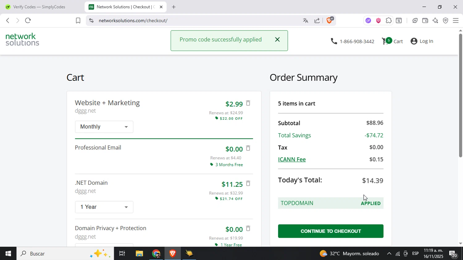 Register.com promo code screenshot showing code TOPDOMAIN applied at Register.com checkout page. Uploaded by SimplyCodes community member Mujerdejunnior on Nov 16, 2025