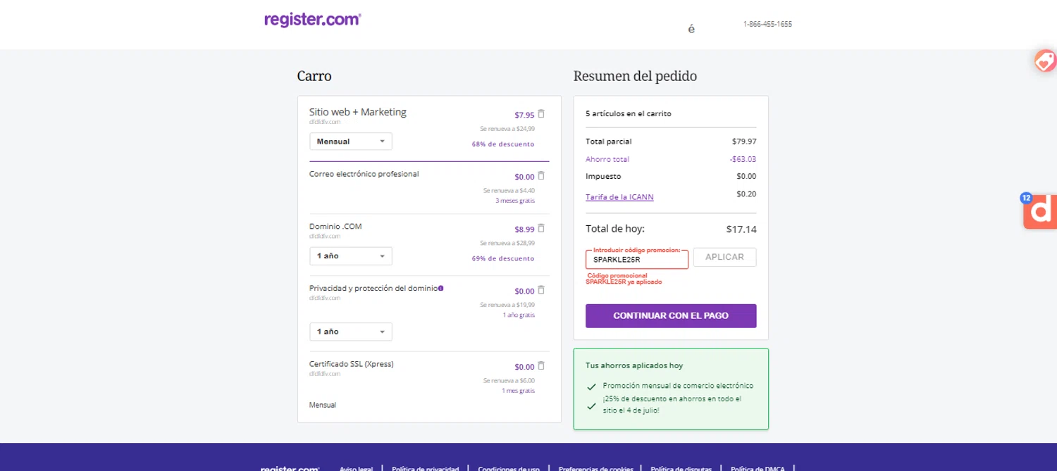 Register.com promo code screenshot showing code SPARKLE25R applied at Register.com checkout page. Uploaded by SimplyCodes community member ESTHER3121 on Jul 5, 2025