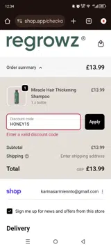 HONEY15 coupon verification screenshot