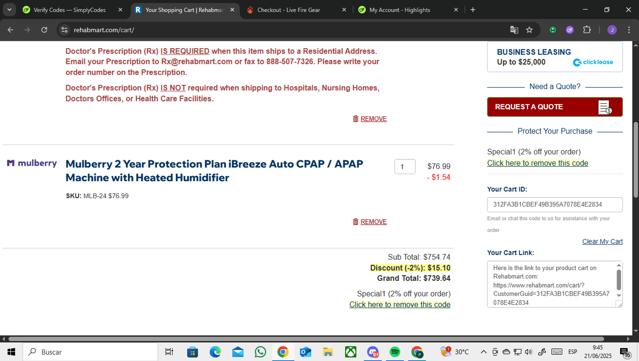 Rehabmart checkout page showing Rehabmart promo code box | Screenshot taken by SimplyCodes community member on Jun 21, 2025