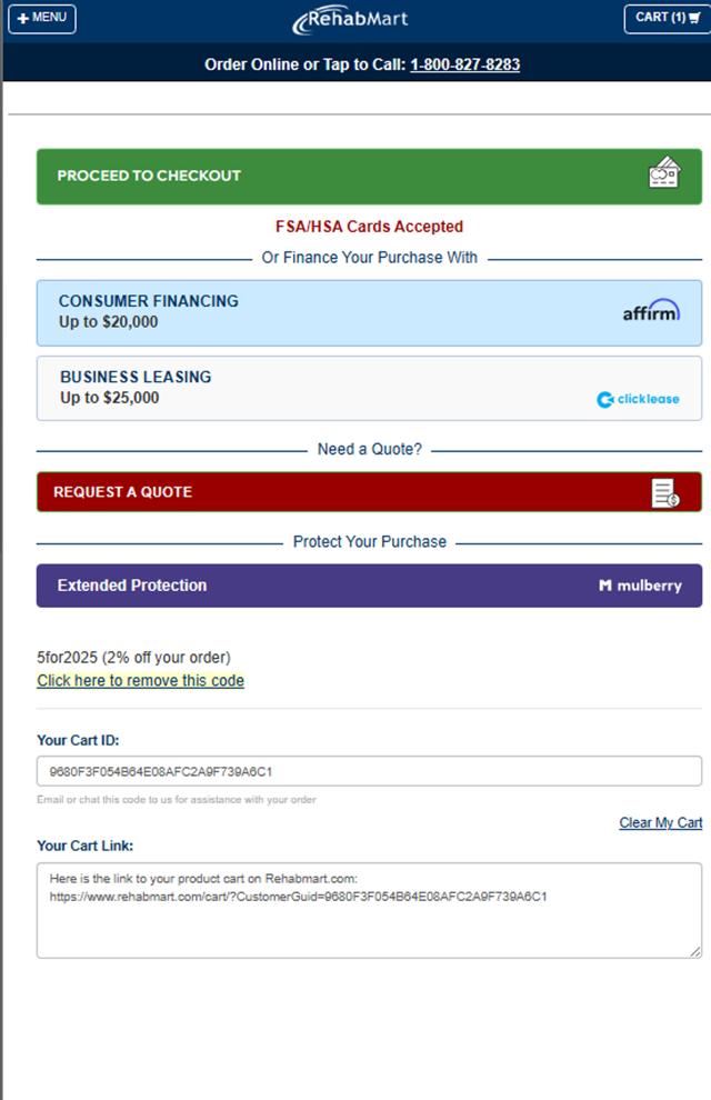 Rehabmart checkout page showing Rehabmart promo code box | Screenshot taken by SimplyCodes community member on Jul 23, 2025