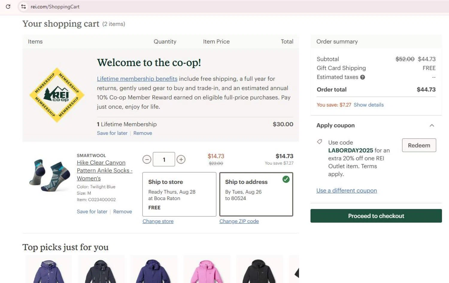 REI promo code screenshot showing code LABORDAY2025 applied at REI checkout page. Uploaded by SimplyCodes community member 6d796e616d656973 on Aug 22, 2025