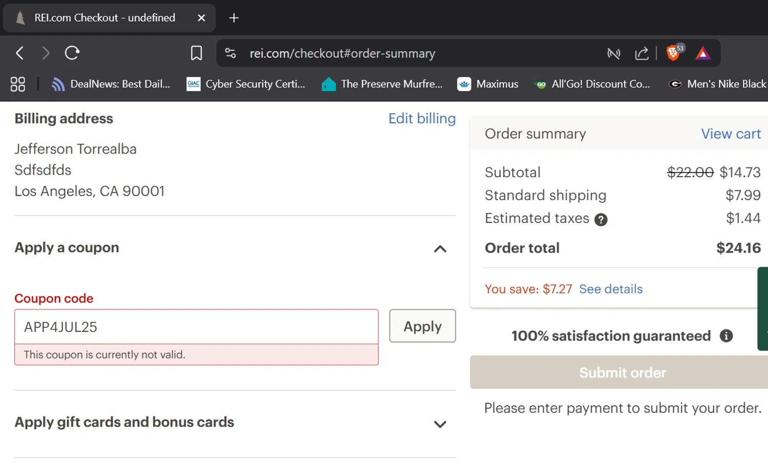 REI promo code screenshot showing code APP4JUL25 applied at REI checkout page. Uploaded by SimplyCodes community member tronsito66 on Aug 27, 2025