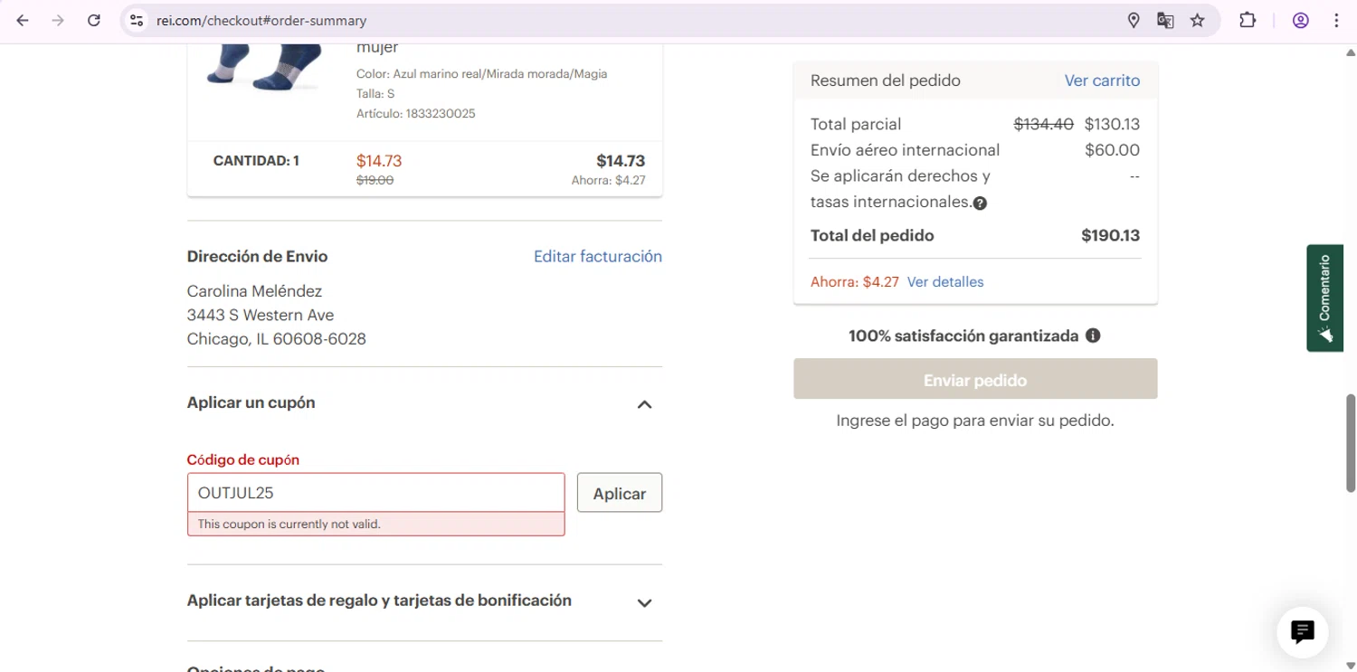 REI promo code screenshot showing code OUTJUL25 applied at REI checkout page. Uploaded by SimplyCodes community member SaleSentinel7319 on Jul 24, 2025