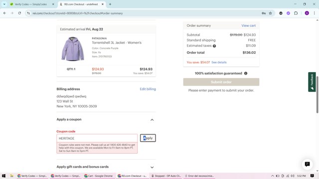 REI checkout page showing REI promo code box | Screenshot taken by SimplyCodes community member on Aug 19, 2025