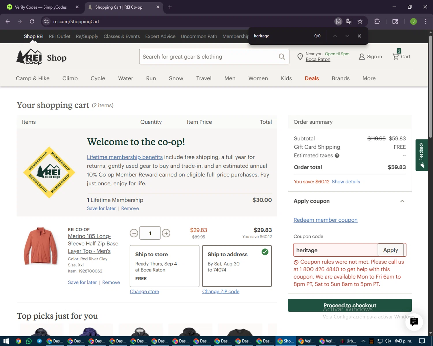 REI promo code screenshot showing code heritage applied at REI checkout page. Uploaded by SimplyCodes community member LilBaby on Aug 22, 2025