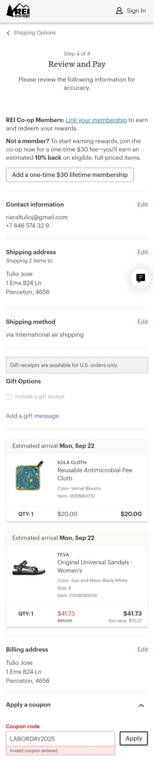 REI promo code screenshot showing code LABORDAY2025 applied at REI checkout page. Uploaded by SimplyCodes community member tulioriera on Aug 22, 2025