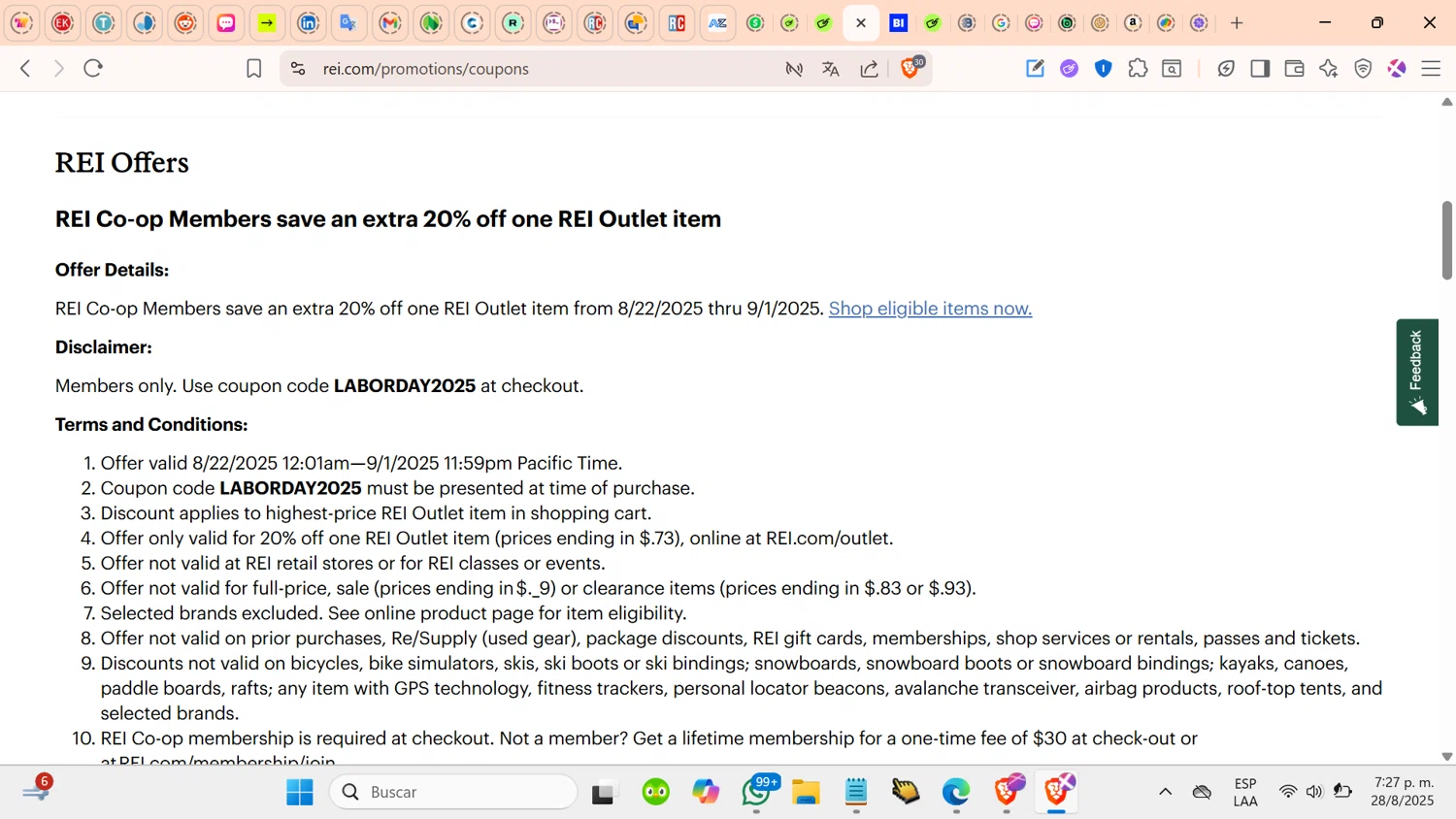 REI promo code screenshot showing code LABRDAY2025 applied at REI checkout page. Uploaded by SimplyCodes community member cosita on Aug 28, 2025