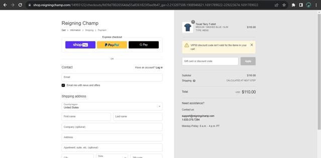 Reigning Champ checkout page showing Reigning Champ discount code box | Screenshot taken by SimplyCodes community member on Aug 11, 2023