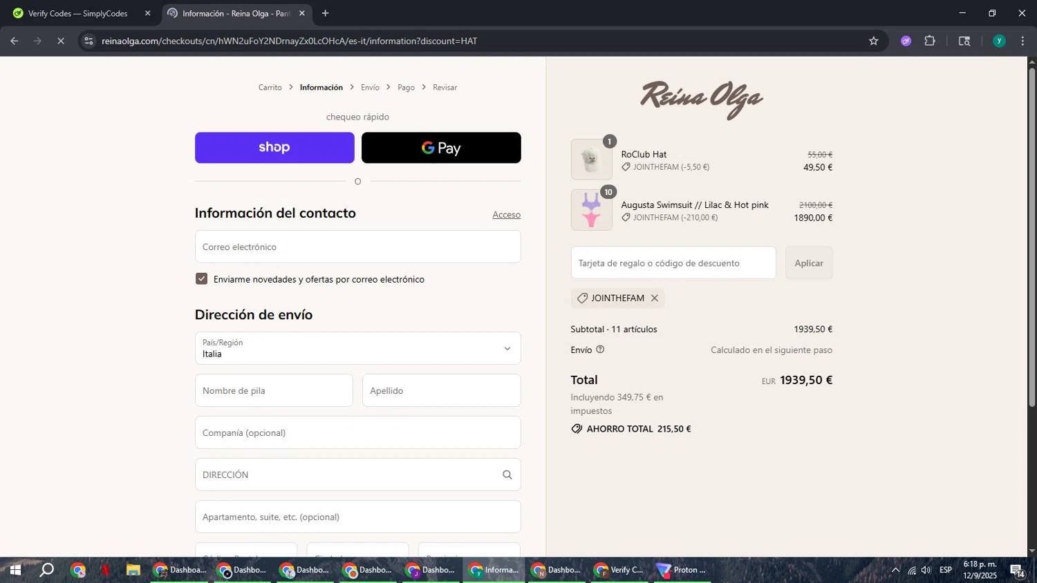 Reina Olga promo code screenshot showing code JOINTHEFAM applied at Reina Olga checkout page. Uploaded by SimplyCodes community member FrugalCaptain6906 on Sep 12, 2025