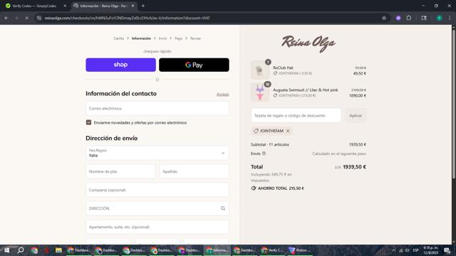 Reina Olga checkout page showing Reina Olga promo code box | Screenshot taken by SimplyCodes community member on Sep 12, 2025
