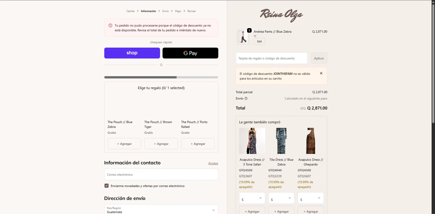 Reina Olga promo code screenshot showing code JOINTHEFAM applied at Reina Olga checkout page. Uploaded by SimplyCodes community member VoucherRanger9105 on Dec 29, 2025