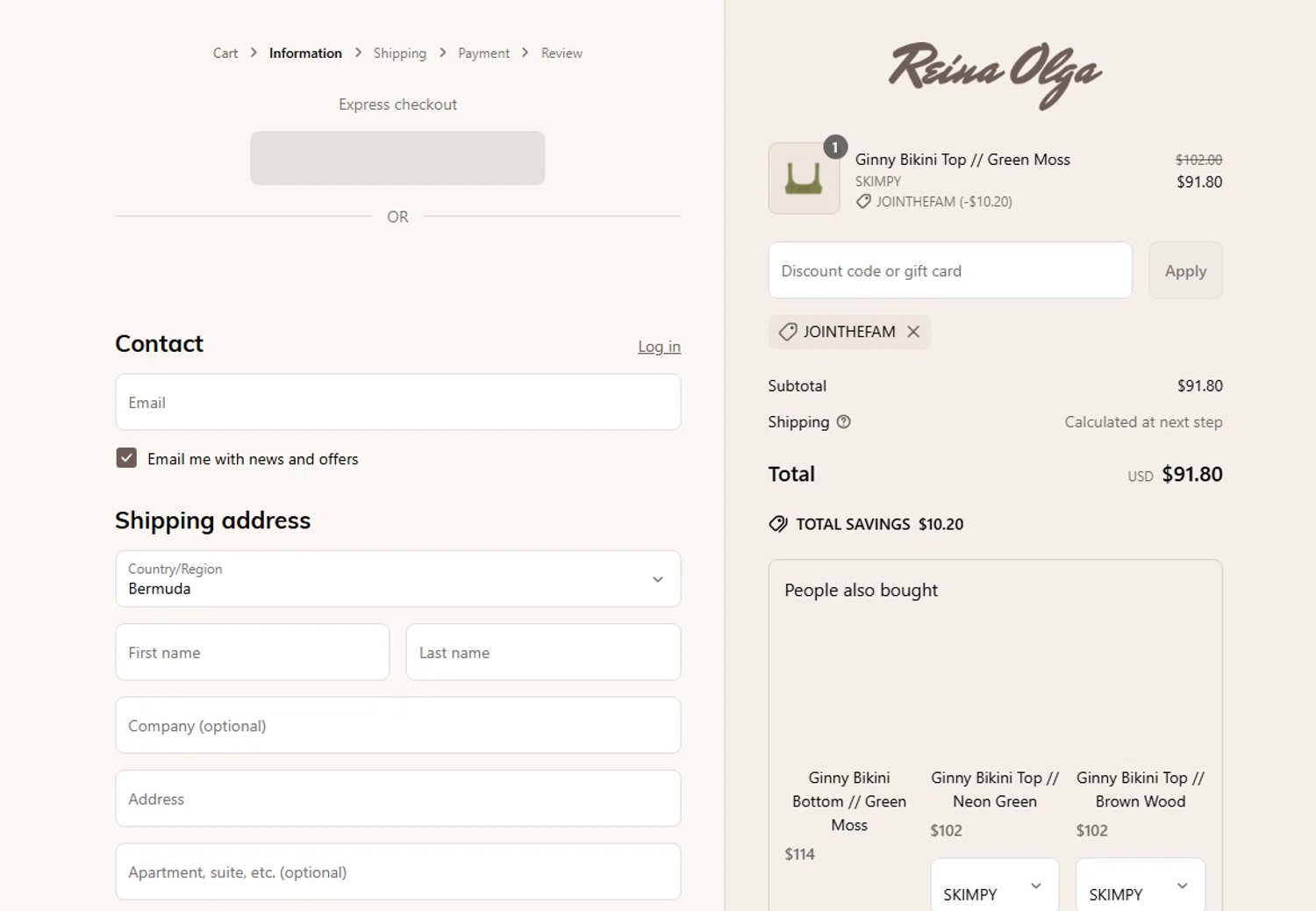 Reina Olga promo code screenshot showing code JOINTHEFAM applied at Reina Olga checkout page. Uploaded by SimplyCodes community member lukeCallahannn on Jun 26, 2025