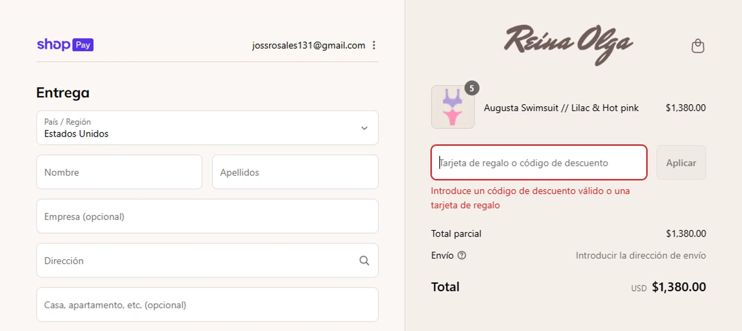 Reina Olga promo code screenshot showing code EXPRESS48 applied at Reina Olga checkout page. Uploaded by SimplyCodes community member Jugoenaranja on Aug 13, 2025