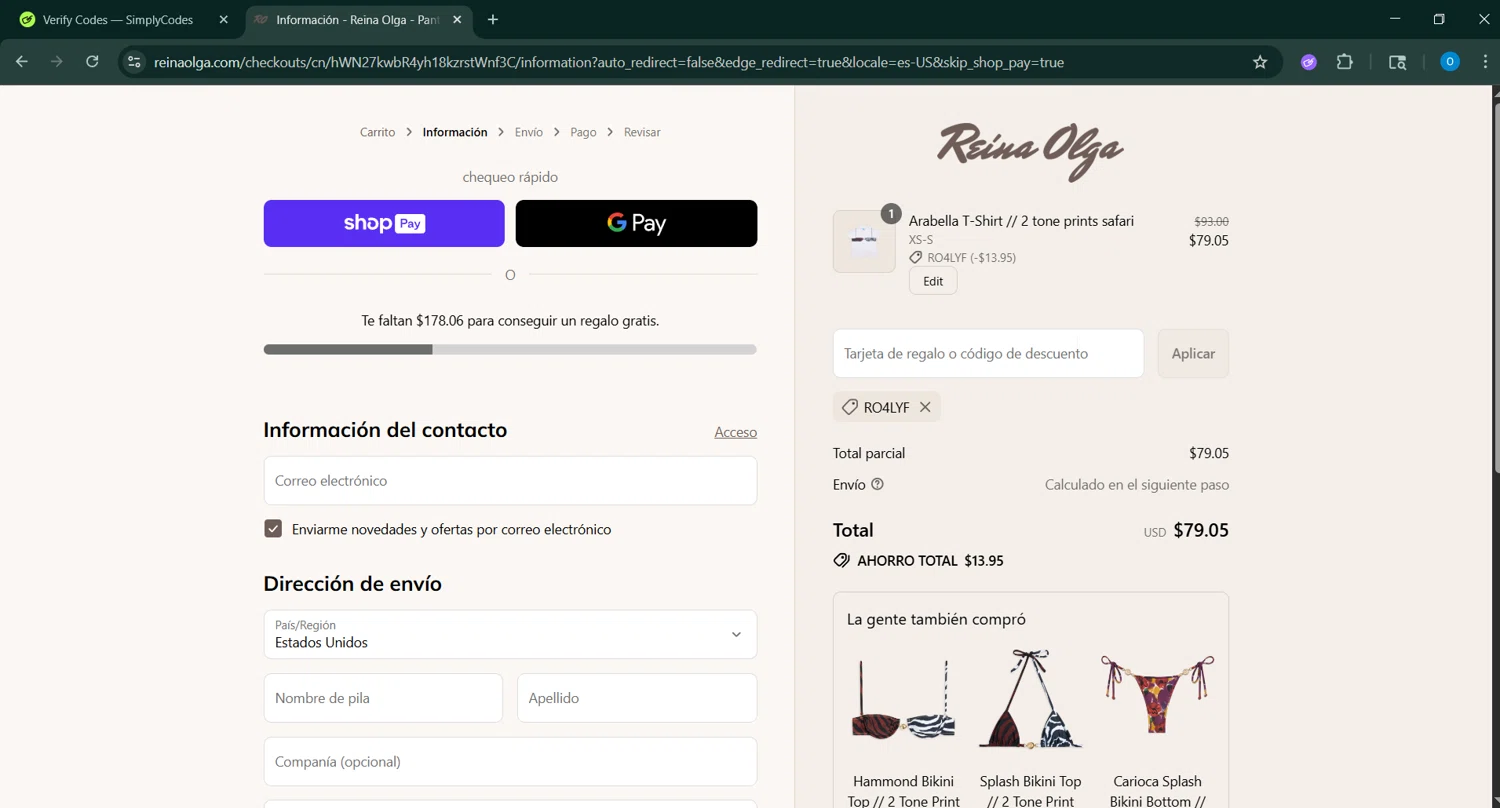 Reina Olga promo code screenshot showing code RO4LYF applied at Reina Olga checkout page. Uploaded by SimplyCodes community member _____________ on Aug 23, 2025