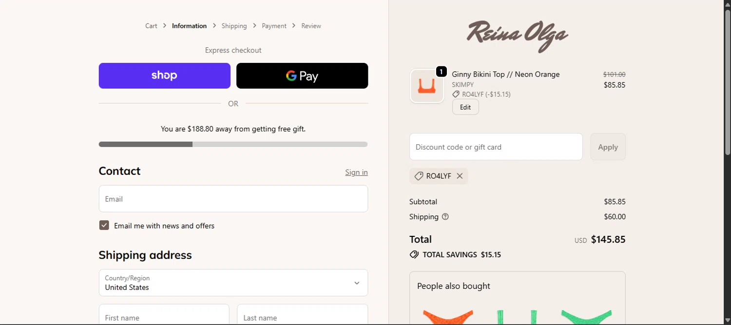Reina Olga promo code screenshot showing code RO4LYF applied at Reina Olga checkout page. Uploaded by SimplyCodes community member noworries on Nov 15, 2025