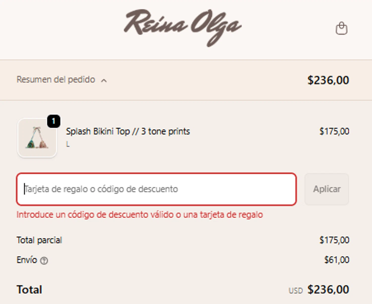 Reina Olga promo code screenshot showing code HBGUIA applied at Reina Olga checkout page. Uploaded by SimplyCodes community member MariaRoma on Sep 17, 2025