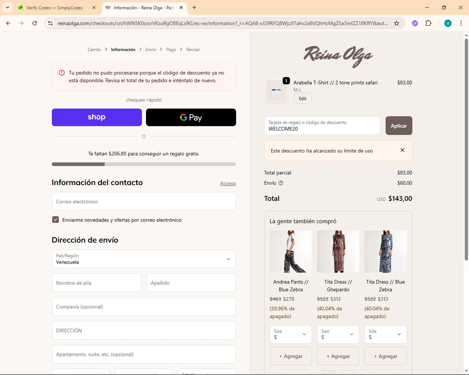 Reina Olga promo code screenshot showing code WELCOME20 applied at Reina Olga checkout page. Uploaded by SimplyCodes community member Simpsince95 on Nov 15, 2025