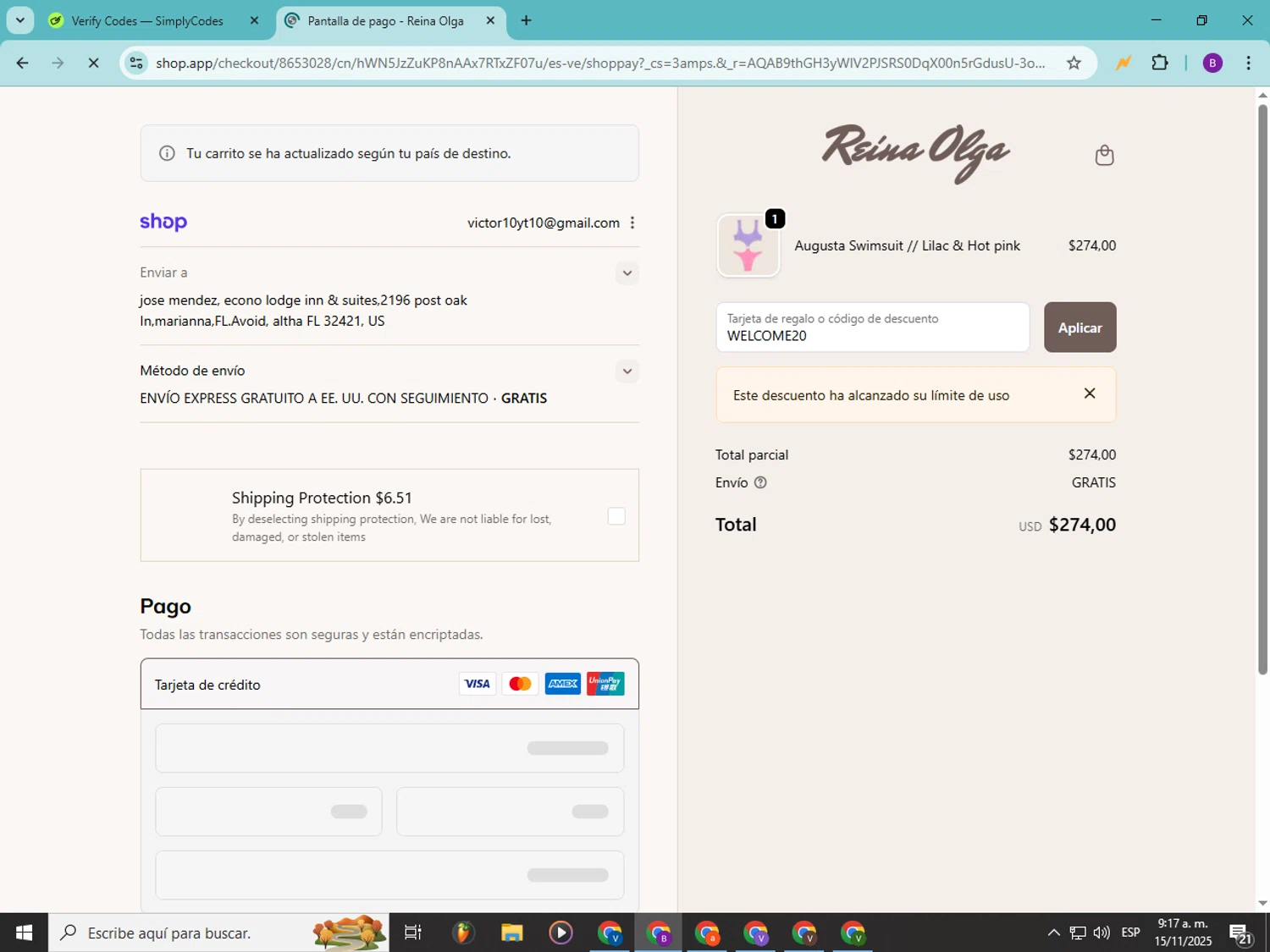 Reina Olga promo code screenshot showing code WELCOME20 applied at Reina Olga checkout page. Uploaded by SimplyCodes community member Soyvictor on Nov 15, 2025