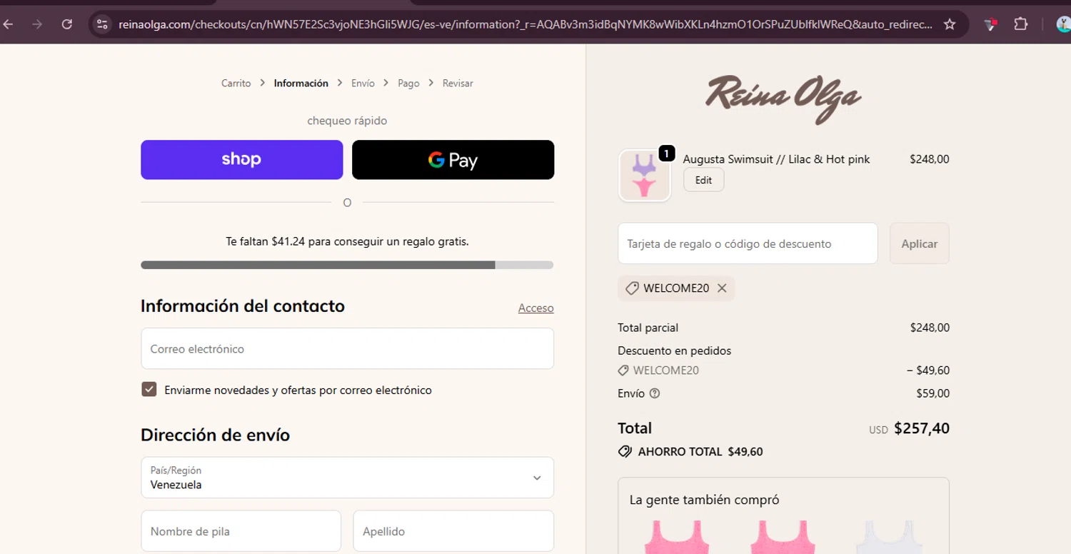 Reina Olga promo code screenshot showing code WELCOME20 applied at Reina Olga checkout page. Uploaded by SimplyCodes community member elgatobravo on Nov 10, 2025