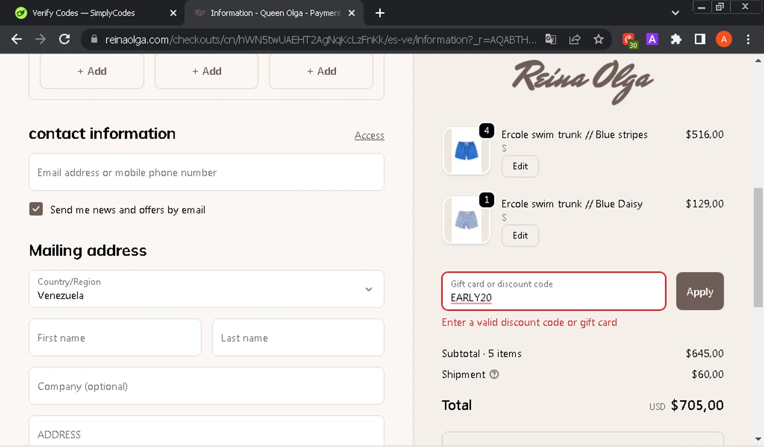 Reina Olga promo code screenshot showing code EARLY20 applied at Reina Olga checkout page. Uploaded by SimplyCodes community member GloriousOwl8819 on Nov 30, 2025