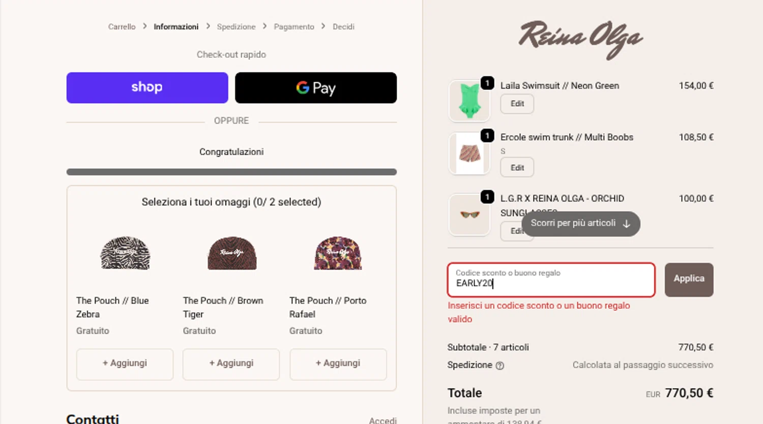Reina Olga promo code screenshot showing code EARLY20 applied at Reina Olga checkout page. Uploaded by SimplyCodes community member Mosue17 on Nov 30, 2025