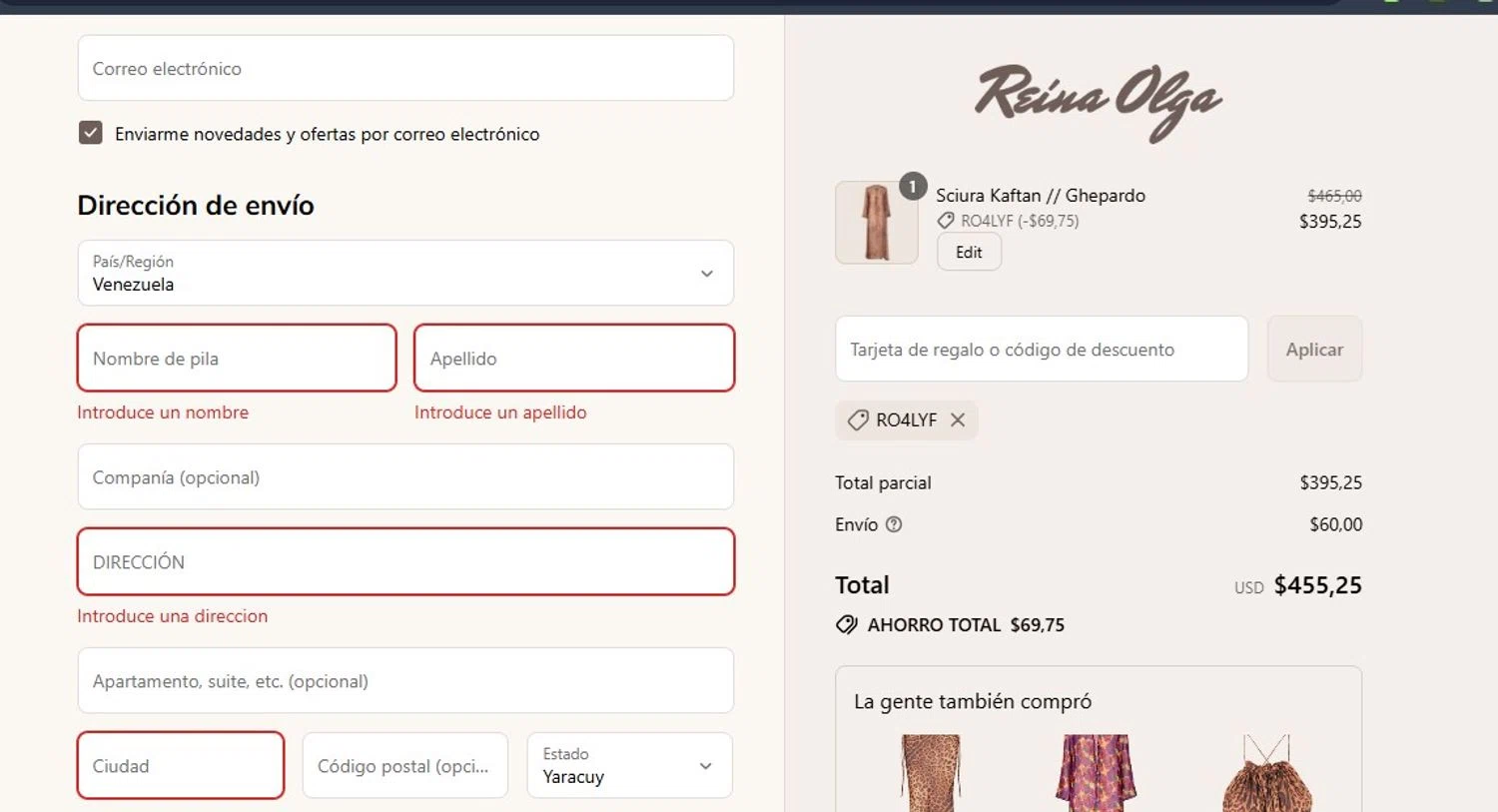 Reina Olga promo code screenshot showing code RO4LYF applied at Reina Olga checkout page. Uploaded by SimplyCodes community member angelfigueroa2008 on Aug 12, 2025